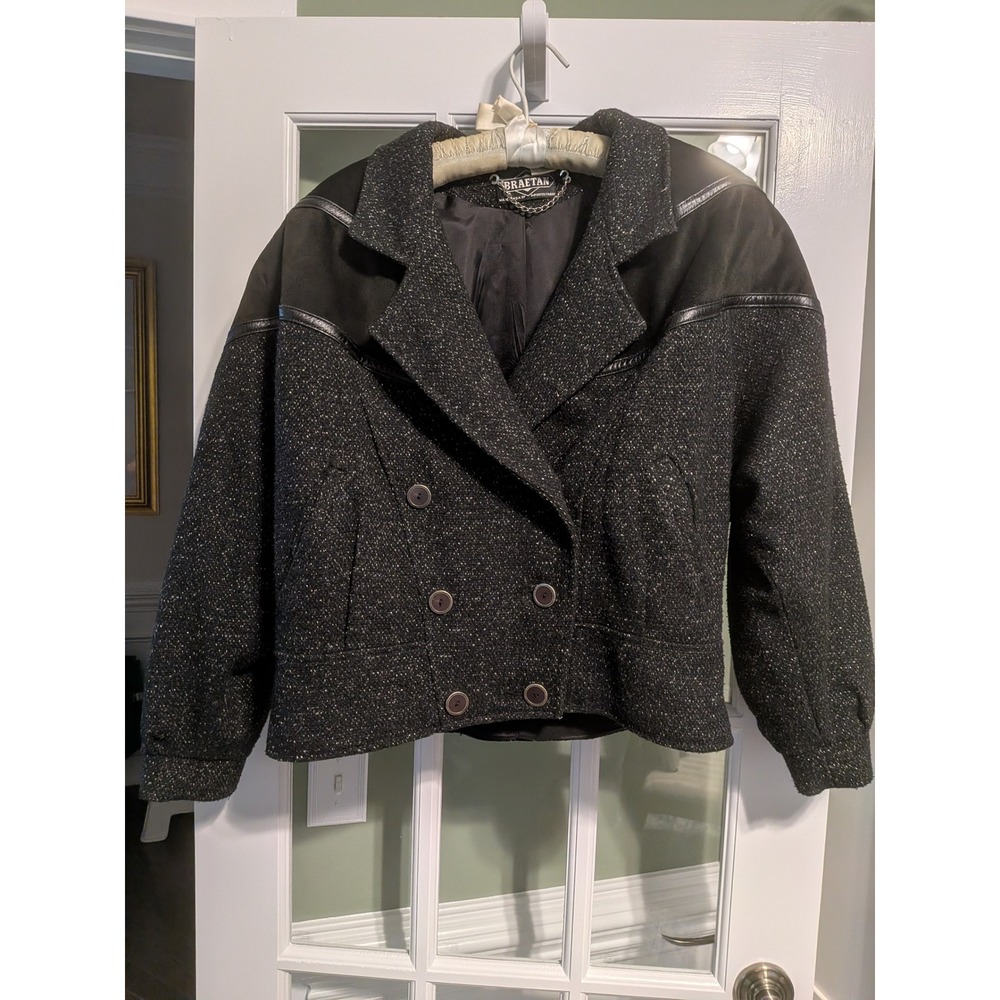 Vintage Braetan Wool Leather Jacket Black Gray Tweed Double Breasted Made in USA